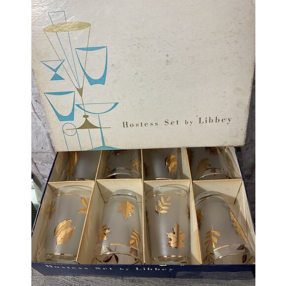 Vtg 1960s  Libbey Golden Foliage Frosted Tumblers Glasses 14 oz  Set of 8 NEW - Picture 2 of 7